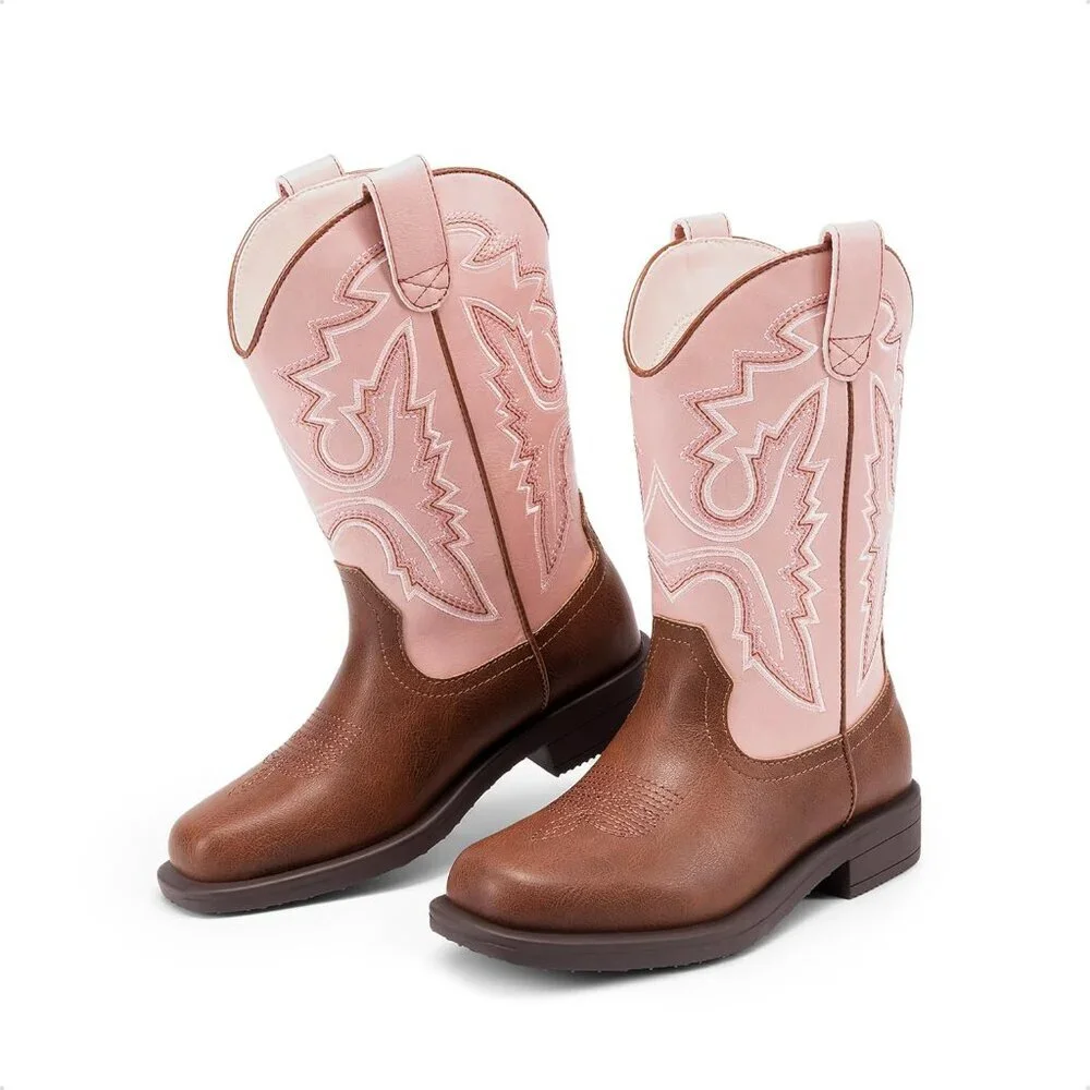 ⚡Girls Pink Brown Cowboy Boots Toddler Mid Calf Western Square Toe Riding Boot